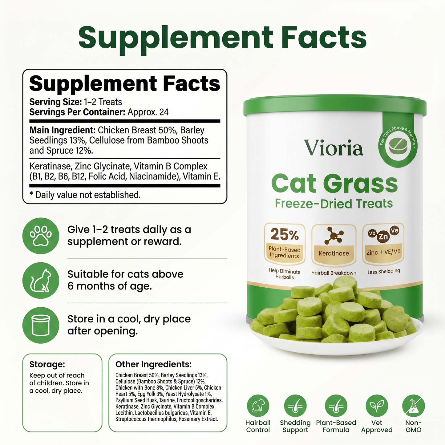 Cat Grass Freeze-Dried Treats – 48g Hairball Support Bites